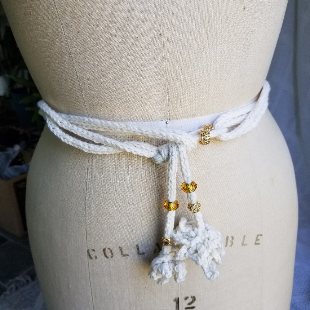 Handmade BEIGE Ivory Crochet CORD BELT Crystal Gold Beads OS